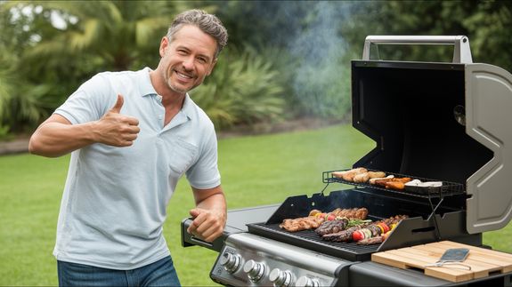 From above yummy steaks and meat sausages roasting on grill grid near organic capsicum during picnic