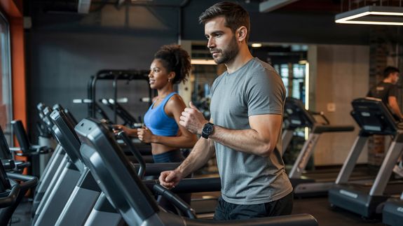 A muscular man lifting barbells in a gym, showcasing strength and fitness.