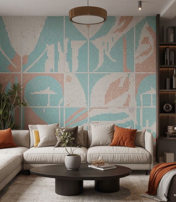 House with sofa and armchair near table and curtains