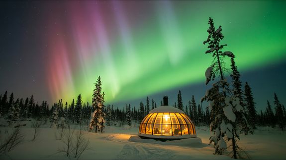 Mountainous valley with evergreen forest against misty sky