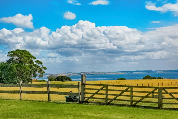 Brown Wooden Fence Across Crop Field Near Body of Water