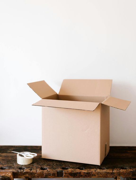 Woman in Purple Long Sleeve Shirt and Orange Pants Holding White Cardboard Box