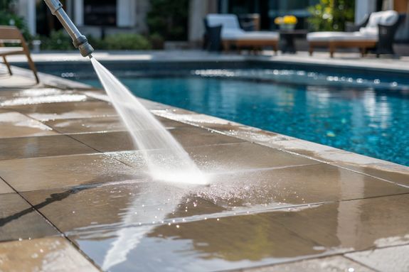 Man in Orange Jacket and Pants Standing on Road Using a Power Spray