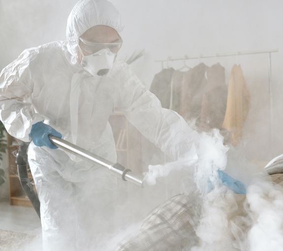 A Woman in a Protective Suit Fumigating