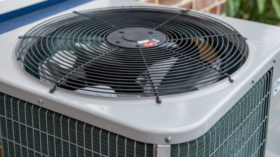 Air conditioning system located outside concrete shabby fence with metal barrier near industrial building from bricks and glass door