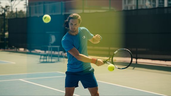 Tennis player standing with racket and ball
