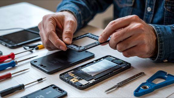 A technician examines a circuit board under a microscope for electronic repair.
