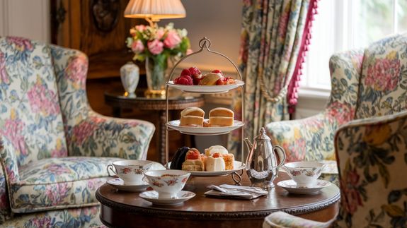 Comfortable bed with pillows and blanket placed in cozy bedroom with wooden walls and minimalist furniture