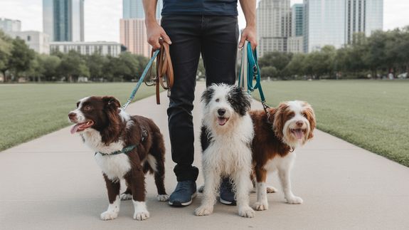 Man In Coat Holding Leash Of A English Bulldog 