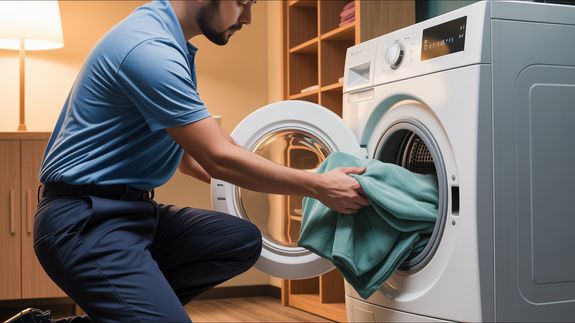 a row of washers and dryers in a laundry room