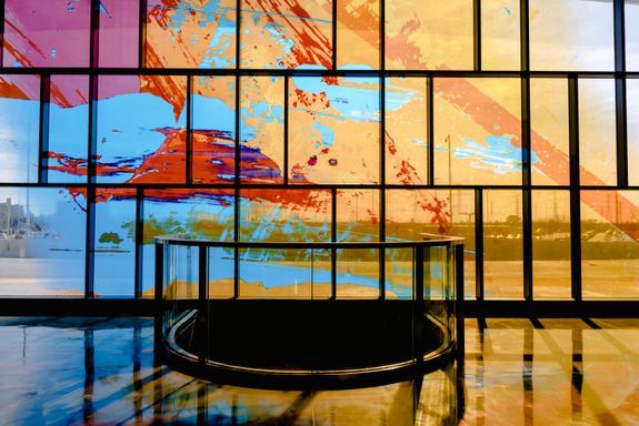 Painted glass windows in modern subway station