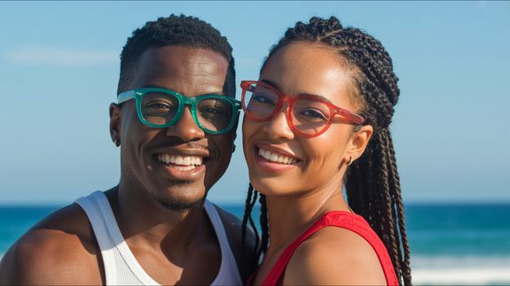 Woman testing vision on microscope