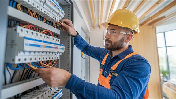 Silhouette of Two Electricians Working