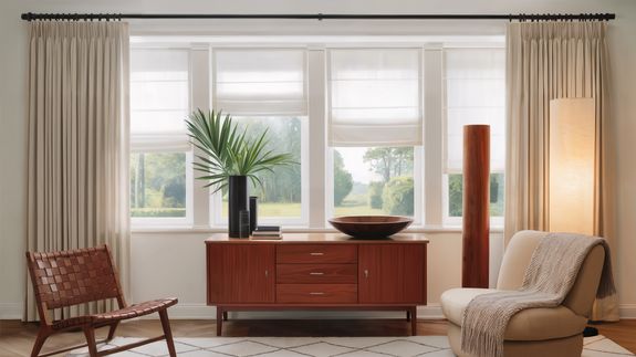 Spacious bedroom interior in pastel colors