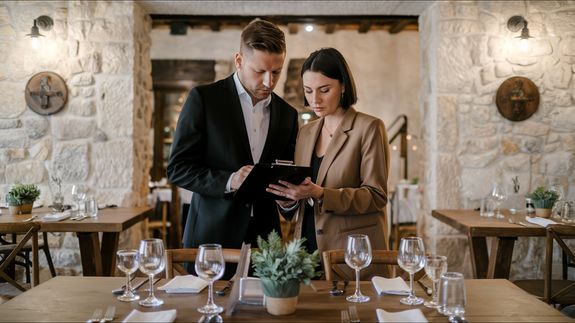 Unrecognizable male with scissors cutting ribbon of decorative green plant with small flowers while standing at table with vegetables and wineglass of drink on blurred background