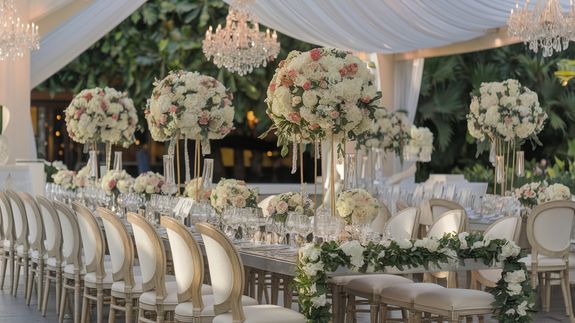 Side view of smiling florist with long dark hair in apron standing near counter and smelling flowers in vases in cozy floristry studio