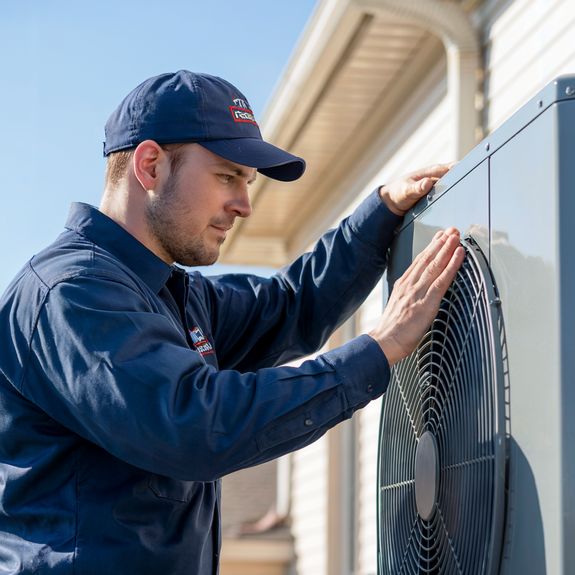 A man on a ladder cleaning air conditioners on a wall