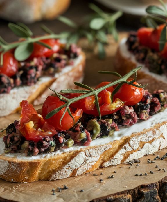 Sourdough Crostini with Olive Tapenade & Tomato Confit