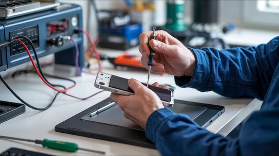 Close-up of a technician using a microscope for phone repair, highlighting precision work.