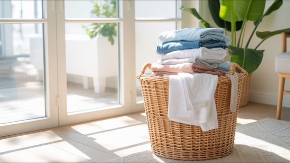 Stack of clothes with iron on ironing board