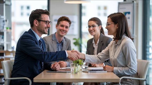 Man in Black Suit Jacket Sitting Beside Woman in Brown Long Sleeve Shirt