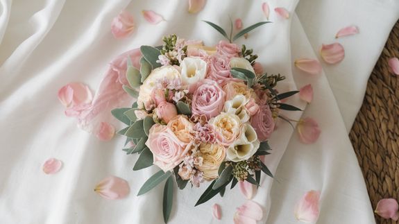 Fresh bouquet of flowers on table with floristry tools