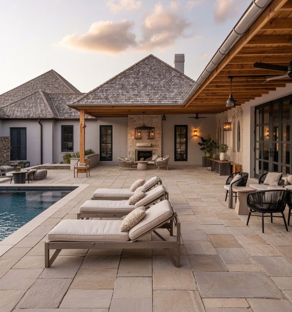 House with sofa and armchair near table and curtains