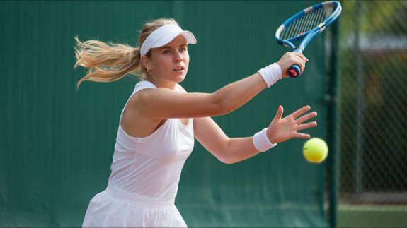 Tennis player standing with racket and ball
