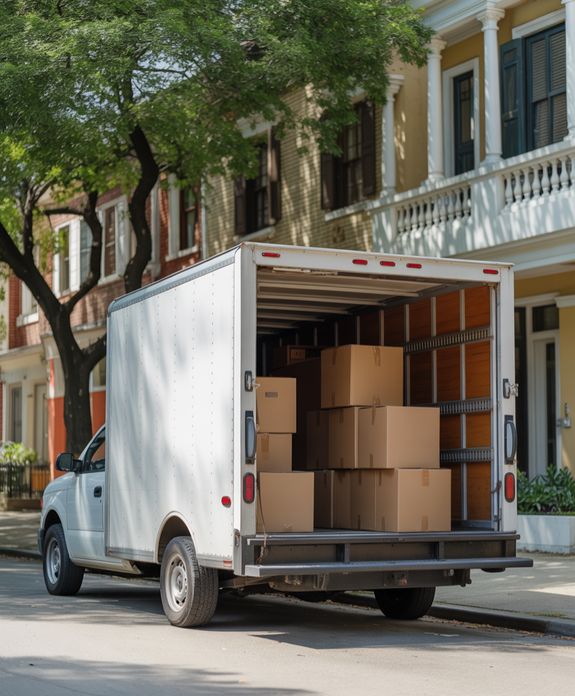 Couple carrying carton boxes while moving out of old home