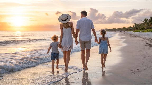 A couple arriving at a luxurious Maldives resort dock with luggage, capturing a tropical vacation vibe.