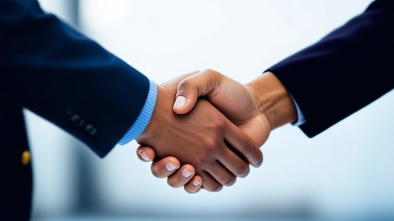 Business professionals greeting each other with a handshake outdoors, symbolizing partnership.