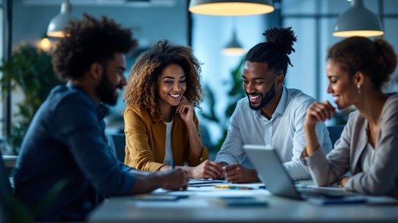 A diverse group of professionals collaborating in a modern office setting, fostering teamwork and innovation.