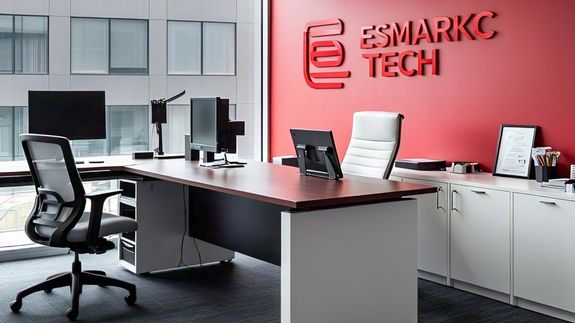 Three adults engaged in a casual office meeting with laptops and a flipchart.