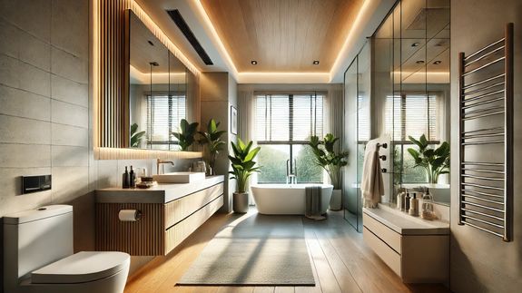 Contemporary bathroom interior with washbasin and toilet bowl