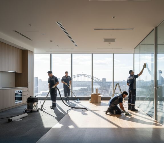 African American woman cleaning a table with orange gloves in a cozy, modern living room setting.