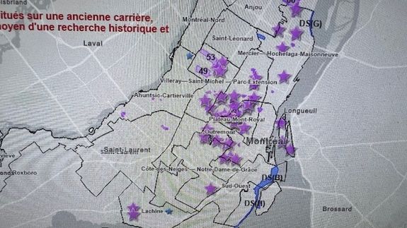 Carte de localisation des anciennes carrières et des dépôts de surface de la Ville de Montréal
