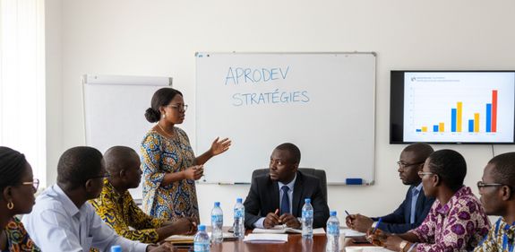 Professional team meeting in modern office setting with diverse colleagues discussing a project.