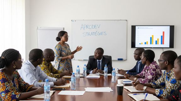 Bald businessman in glasses talks on phone, smiling at office with charts.