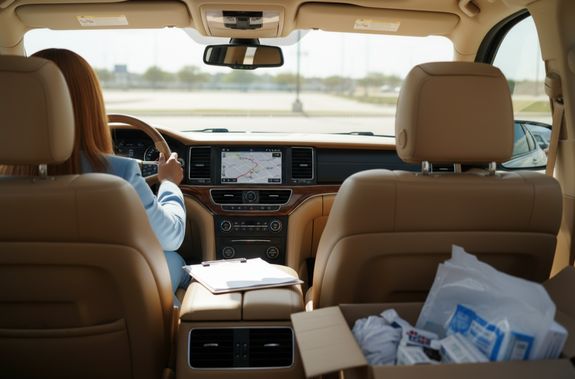 A diverse group of professionals having a meeting in a modern office setting with large windows.