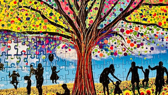 person holding compass facing towards green pine trees