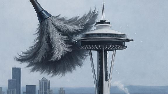 From above of crop faceless person in yellow gloves cleaning handle of cabinet with microfiber cloth in modern bright bathroom