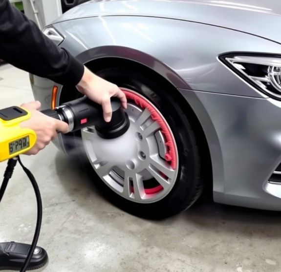 A Gray Alloy Rim on a Red Car