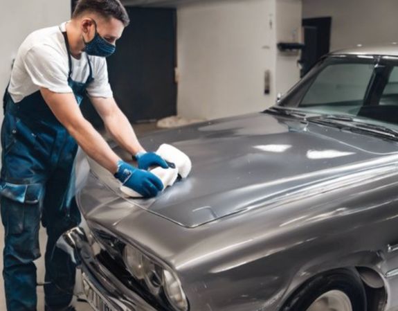 Detailed view of a sleek red sports car headlight with water droplets enhancing its glossy finish.