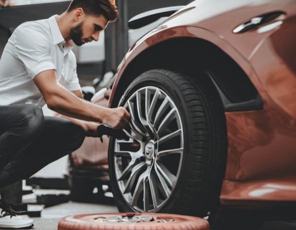 Worker applying a car wrap using a heat gun for precise adhesion.