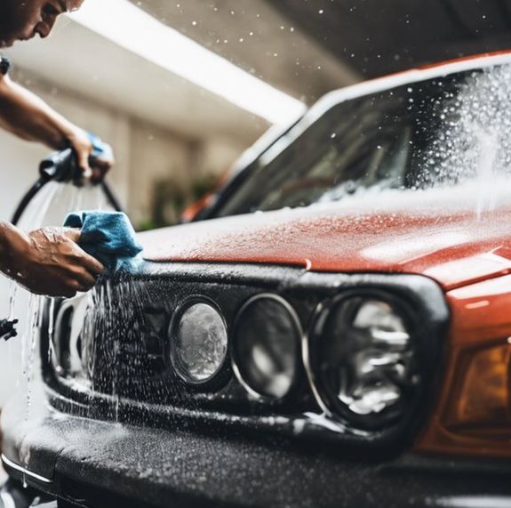 Detailed view of a white car's tail light in a moody outdoor setting.