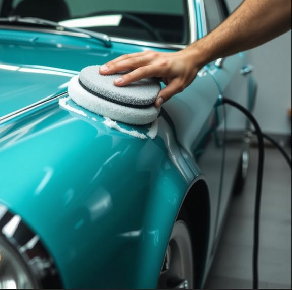 Luxury contemporary automobile with bright indicators parked on asphalt near fresh green grass