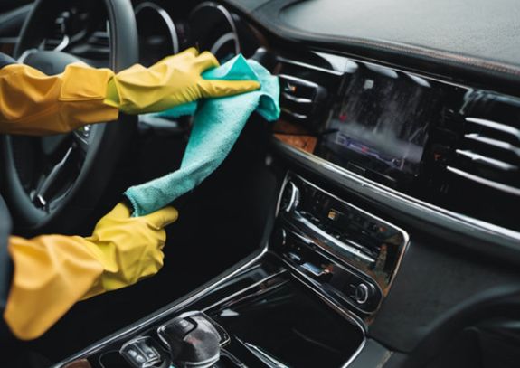 Detailed view of a sleek black car's taillight with red illumination, reflecting dusk light.