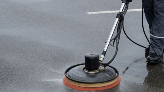 Man in Orange Jacket and Pants Standing on Road Using a Power Spray