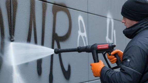 A man is washing the street with a hose
