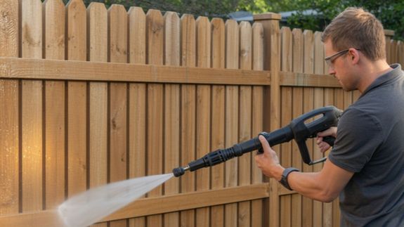 Man in Orange Jacket and Pants Standing on Road Using a Power Spray